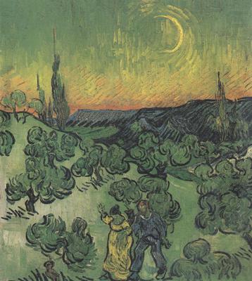 Vincent Van Gogh Landscape with Couple Walking and Crescent Moon (nn04) china oil painting image